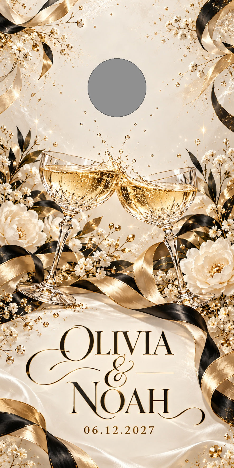 Champagne Celebration personalized wedding and anniversary cornhole wrap with gray hole-position preview marker