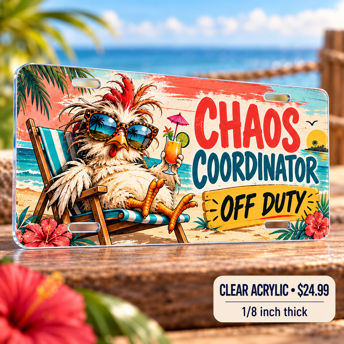Chaos Coordinator funny license plate — one-eighth-inch reverse UV printed acrylic $24.99