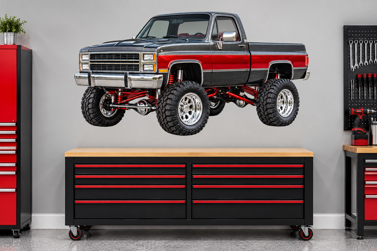 Charcoal & Red Classic Lifted Truck Contour Cut Decal – Indoor or Outdoor garage mockup, illustrative size