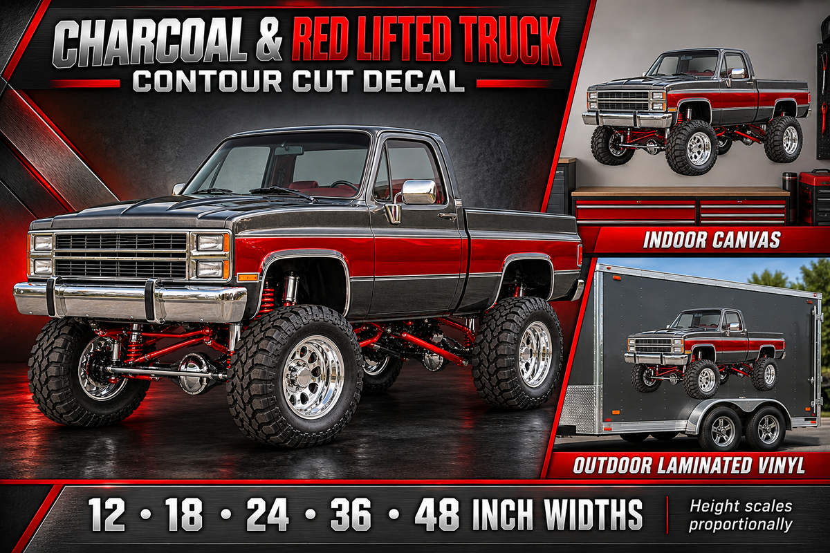 Charcoal & Red Classic Lifted Truck Contour Cut Decal – Indoor or Outdoor showcase with sizes and materials