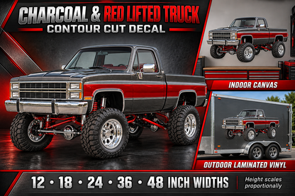 Charcoal & Red Classic Lifted Truck Contour Cut Decal – Indoor or Outdoor showcase with sizes and materials