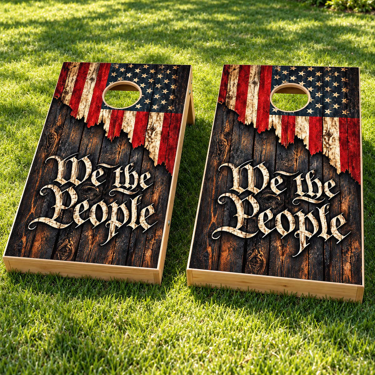 We the People Charred Timber Cornhole Board Wraps installed on two boards; boards not included