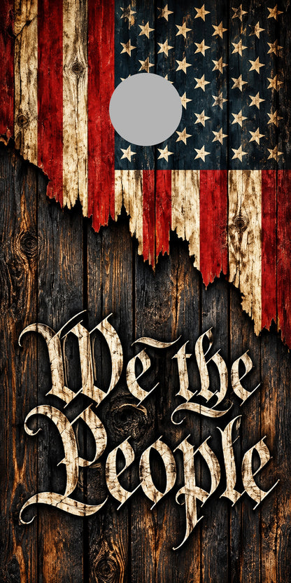 We the People Charred Timber Cornhole Board Wraps proof with gray regulation hole-position marker