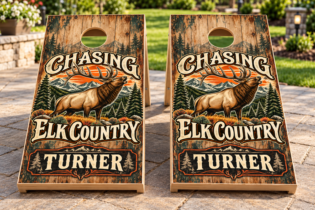 Chasing Elk Country personalized cornhole wraps - mockup