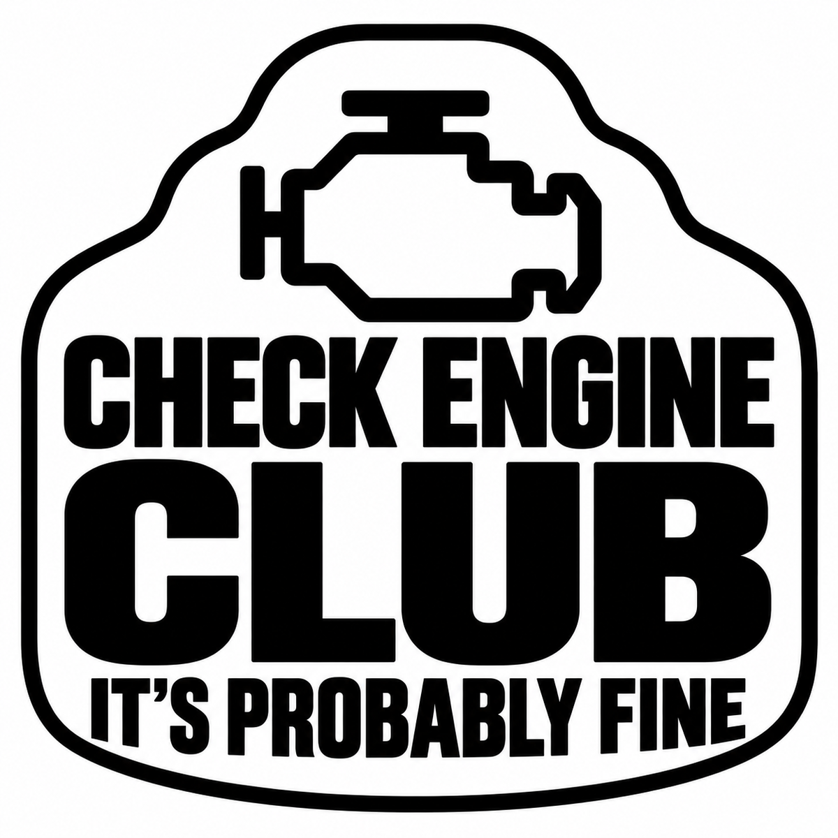 Check Engine Club flat artwork with open negative space, shown in black