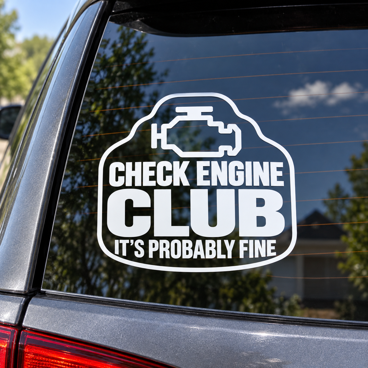 Check Engine Club open contour cut lettering and outlines on a car window