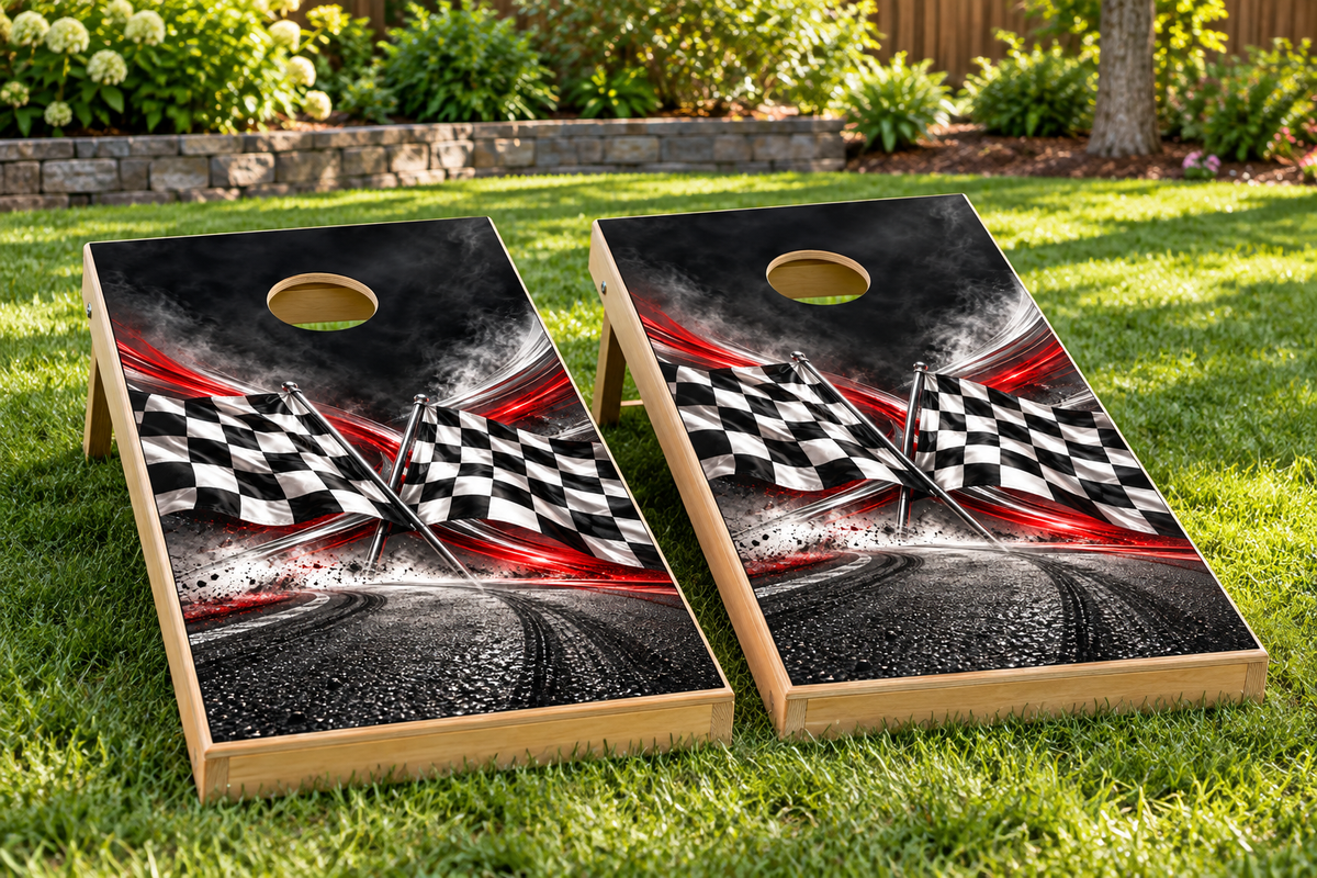 Checkered Flag Racing installed cornhole board mockup; boards not included