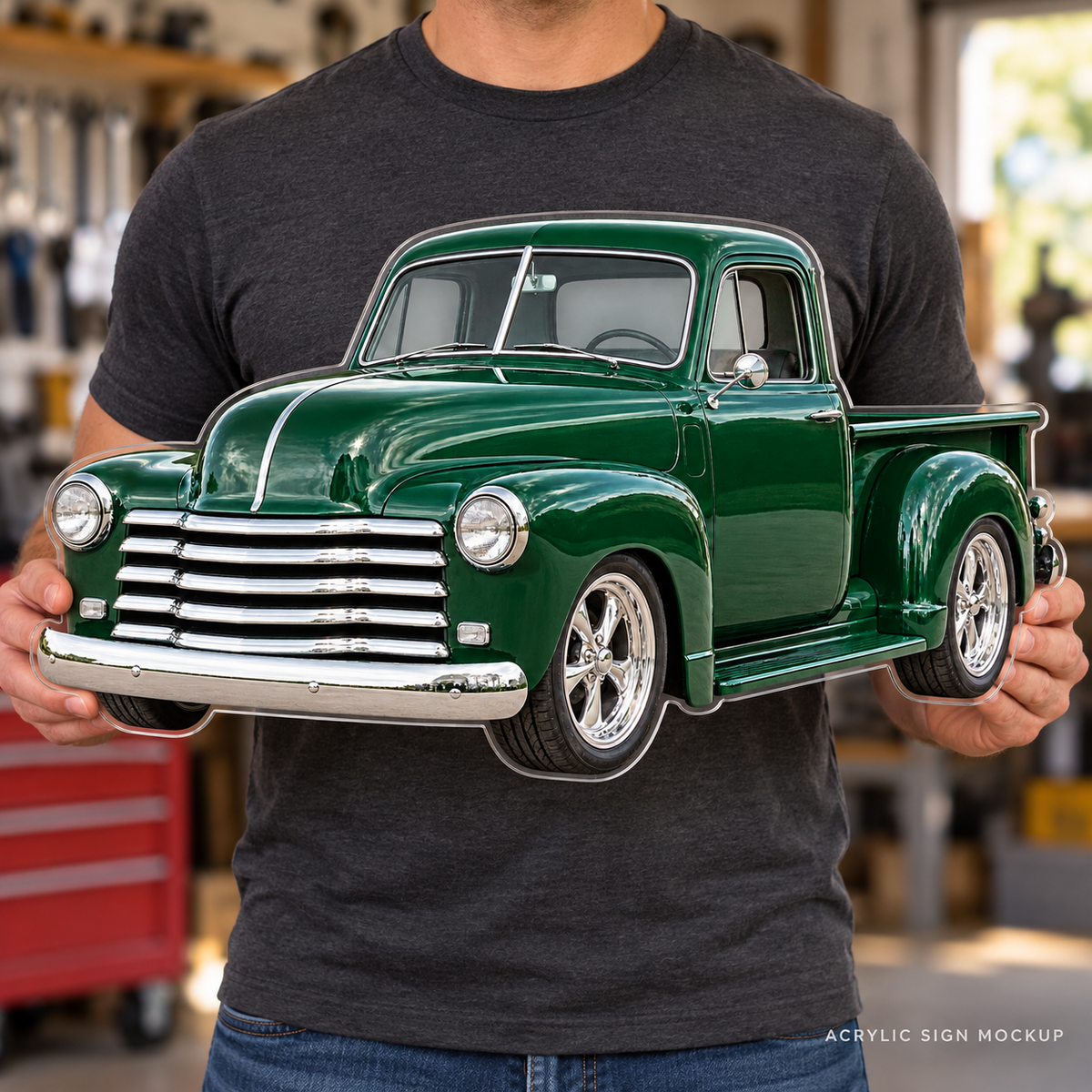 1950s Chevrolet 3100 Forest Green acrylic sign held mockup