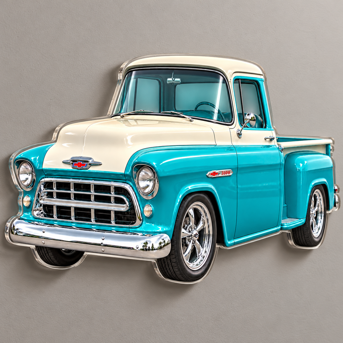1950s Chevrolet 3100 Task Force Turquoise and Cream acrylic sign angle mockup