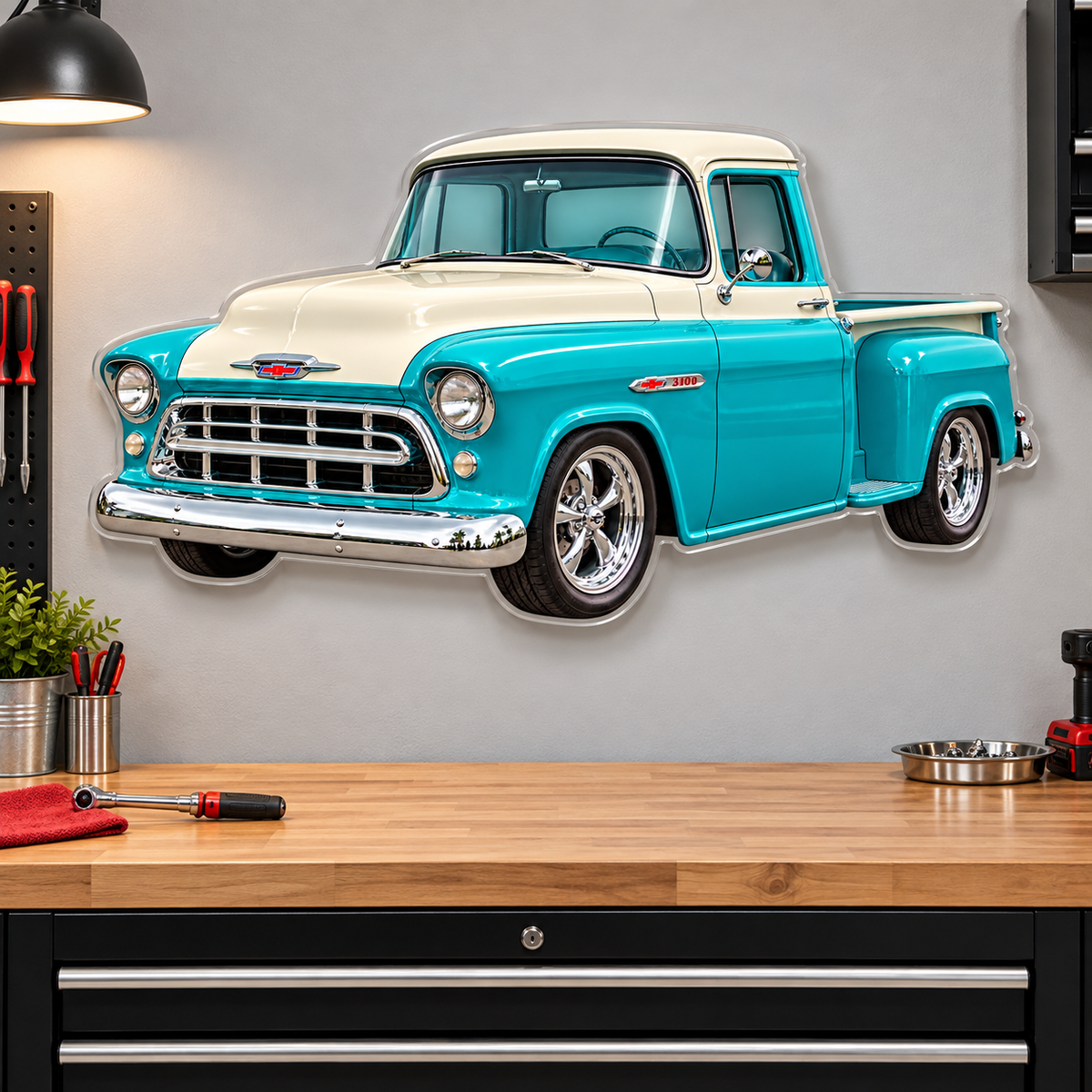 1950s Chevrolet 3100 Task Force Turquoise and Cream acrylic sign garage mockup
