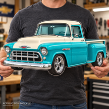 1950s Chevrolet 3100 Task Force Turquoise & Cream acrylic sign held mockup