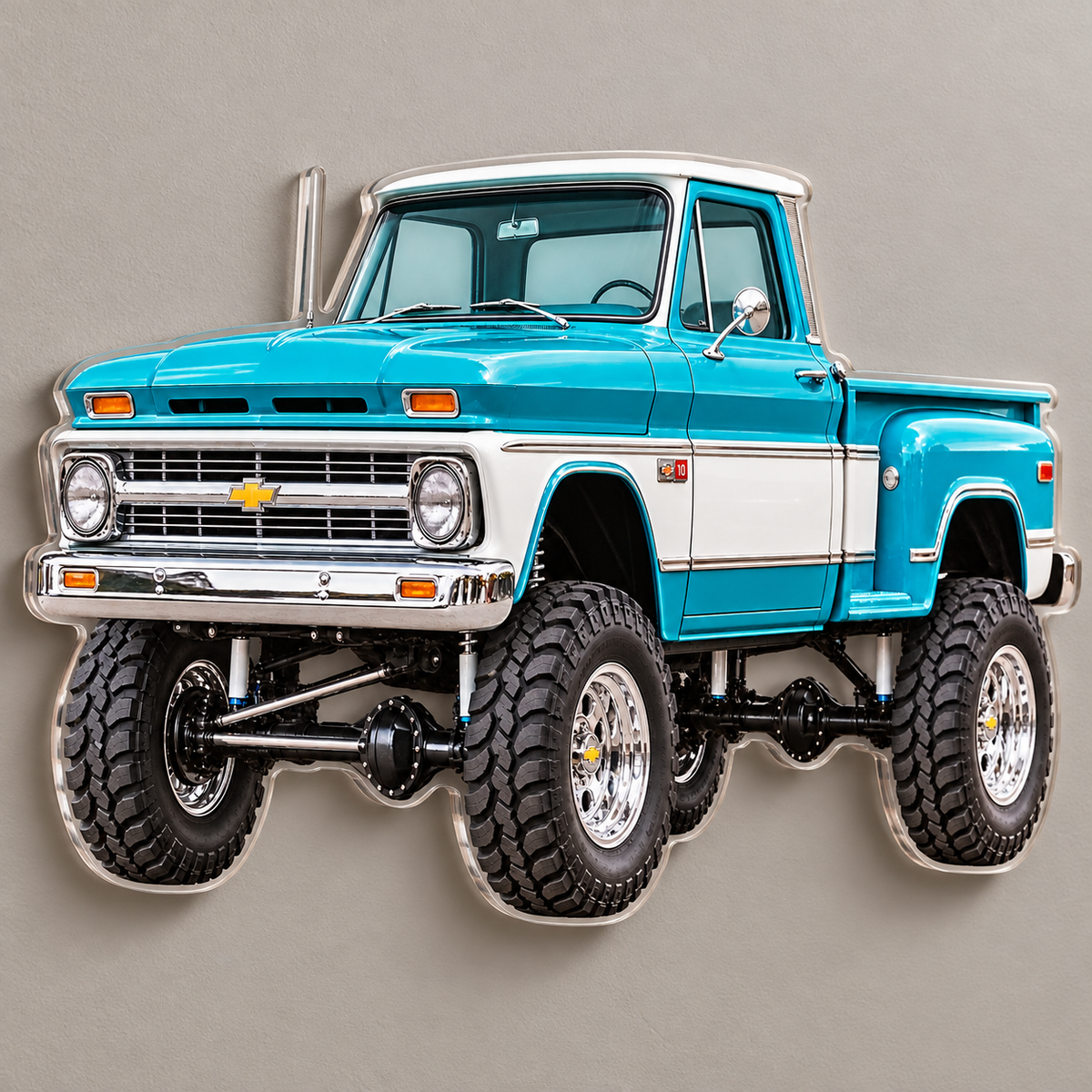 1966 Chevrolet K10 4x4 Turquoise & White acrylic sign angle mockup