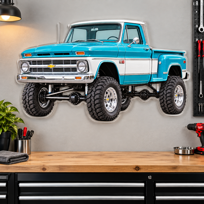 1966 Chevrolet K10 Turquoise and White acrylic wall sign garage mockup