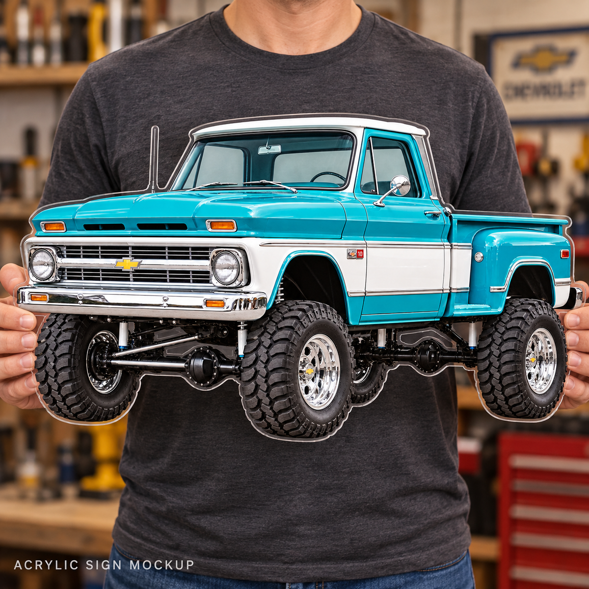 1966 Chevrolet K10 Turquoise and White acrylic sign held by a person