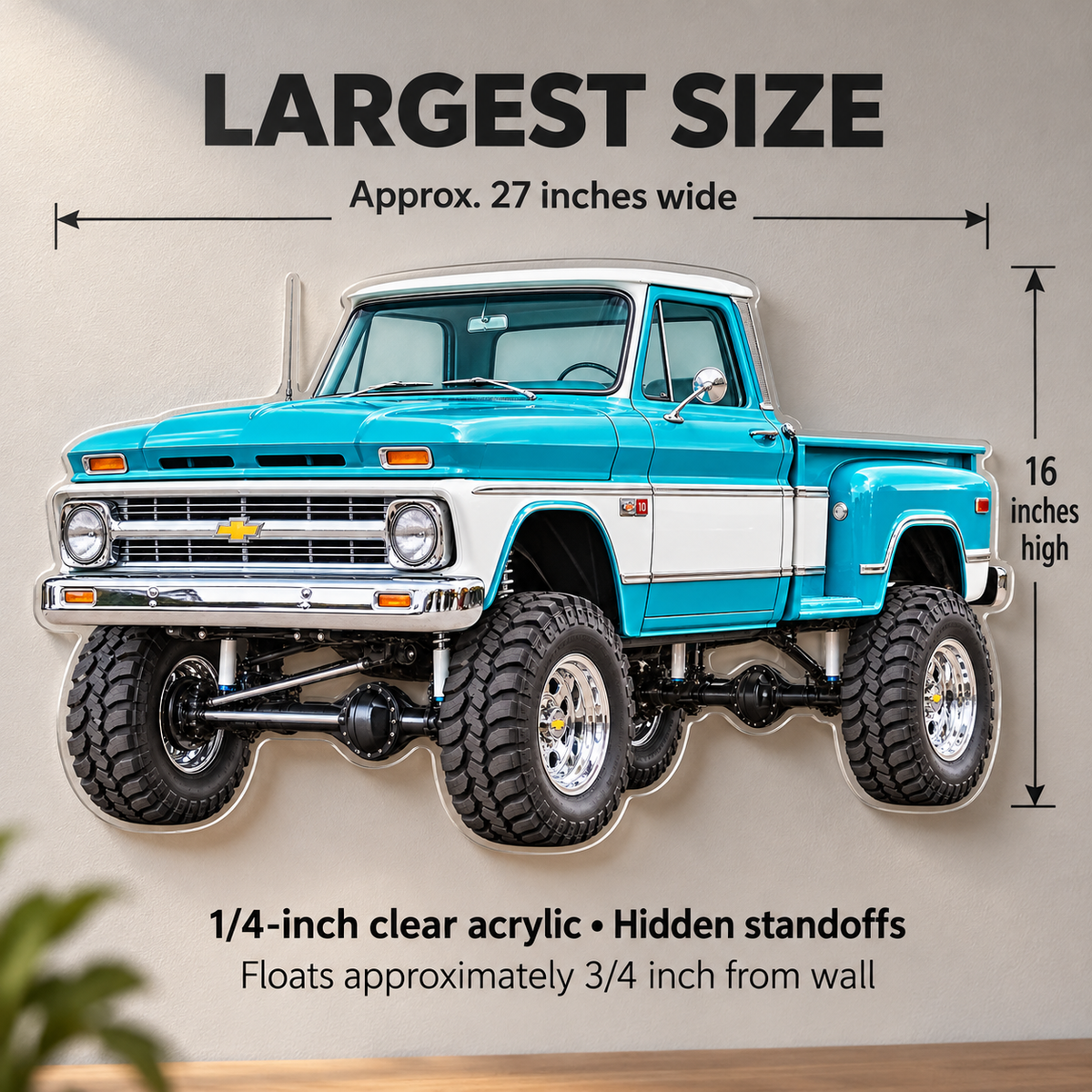 1966 Chevrolet K10 Turquoise and White acrylic wall sign sizes mockup