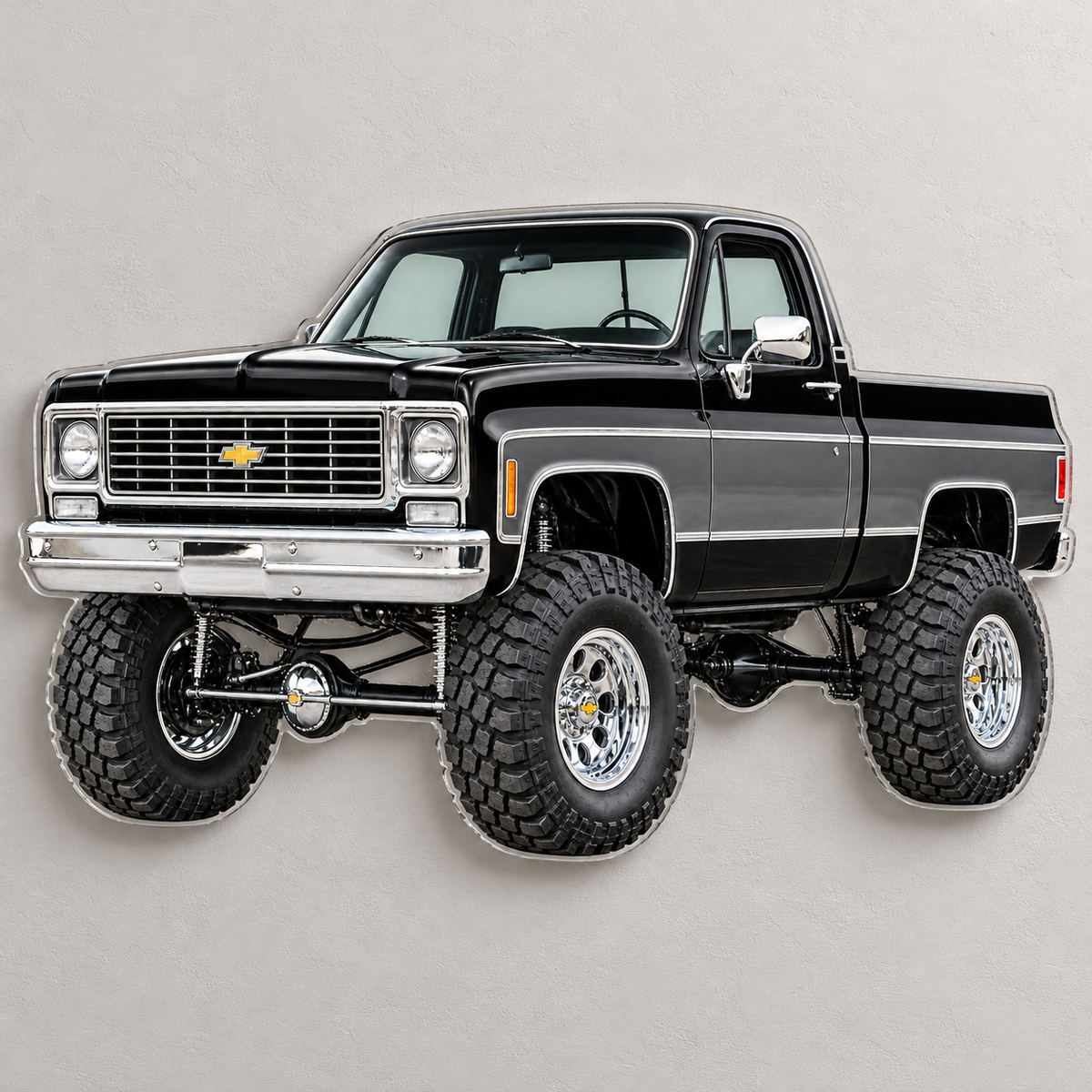Jet Black & Charcoal 1975 Chevrolet K10 contour-cut clear acrylic sign mounted on wall