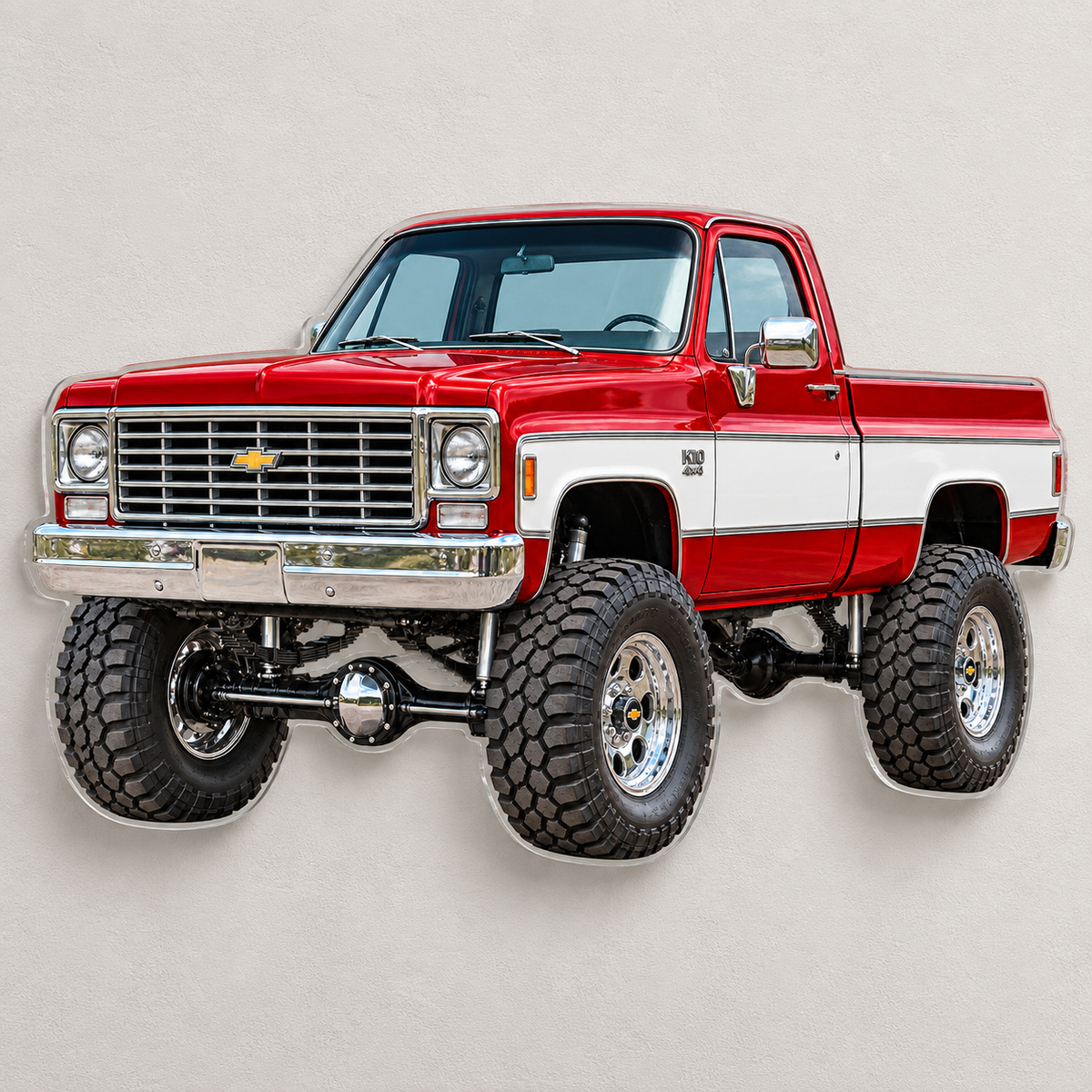 Crimson Red & White 1975 Chevrolet K10 contour-cut clear acrylic sign on wall with hidden standoffs