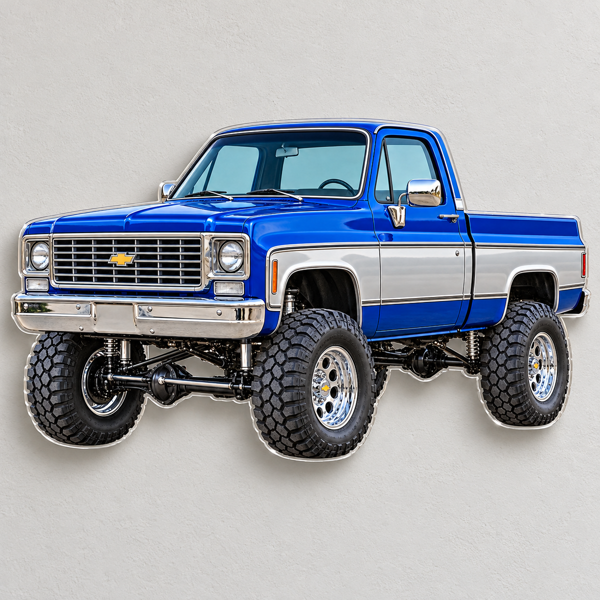 Royal Blue & Silver 1975 Chevrolet K10 contour-cut clear acrylic sign on wall with hidden standoffs