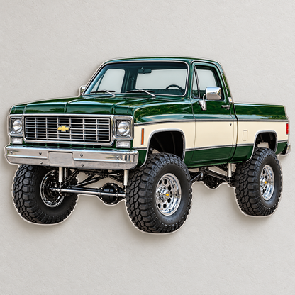 Forest Green & Cream 1975 Chevrolet K10 contour-cut clear acrylic sign on wall with hidden standoffs
