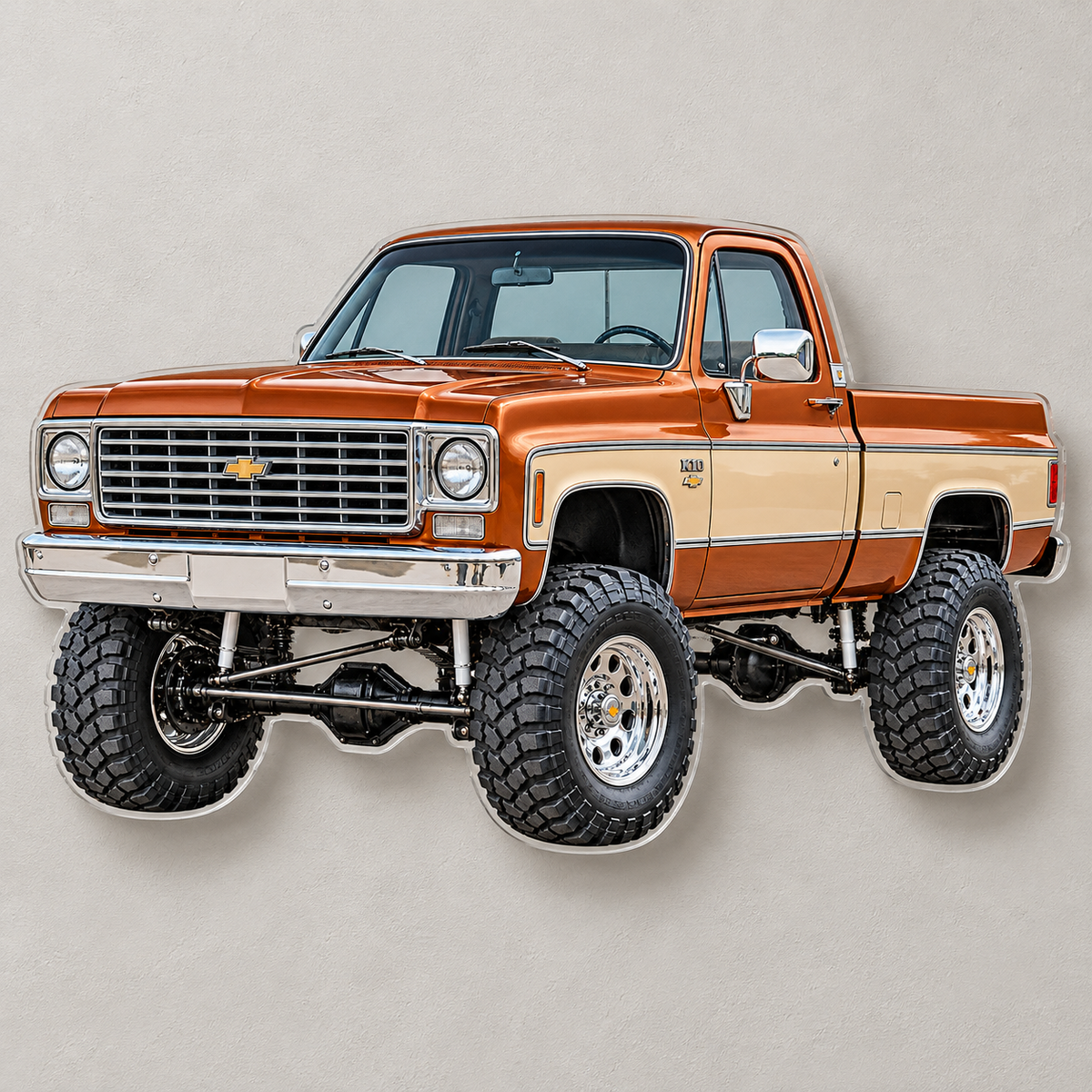 Copper & Tan 1975 Chevrolet K10 contour-cut clear acrylic sign on wall with hidden standoffs