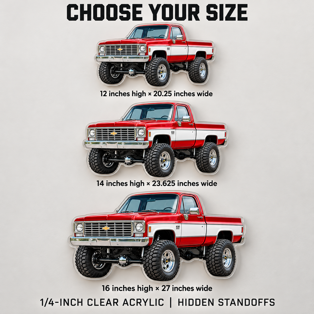 1975 Chevrolet K10 acrylic sign size guide comparing 12 inch, 14 inch and 16 inch heights with proportional widths
