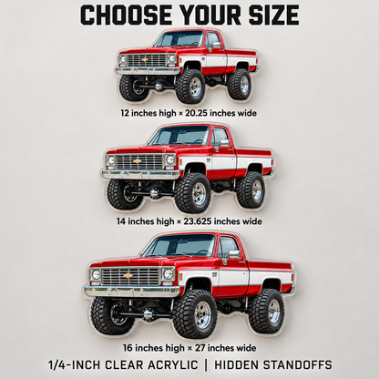 1975 Chevrolet K10 acrylic sign size guide comparing 12 inch, 14 inch and 16 inch heights with proportional widths