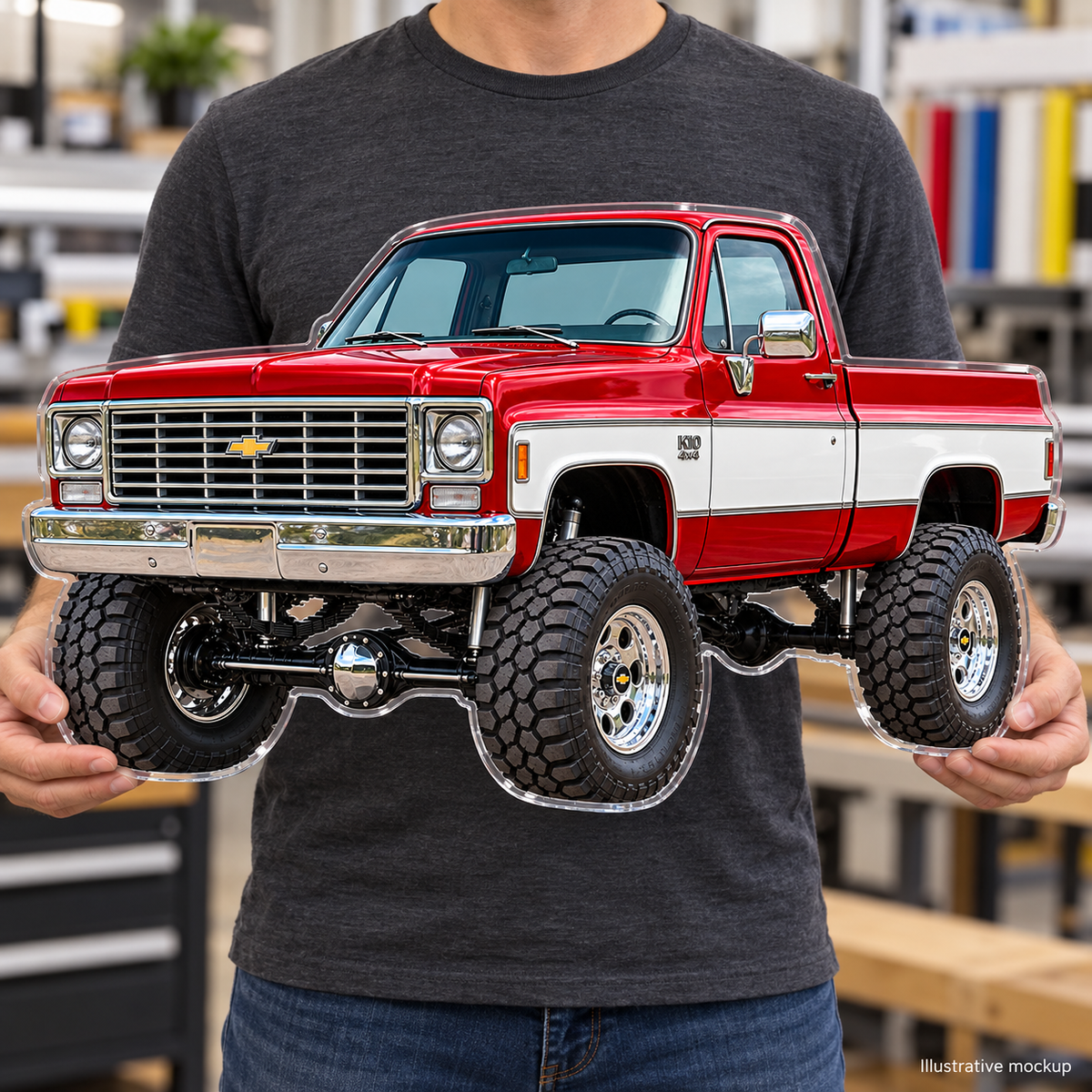 Person holding a Crimson Red & White 1975 Chevy K10 contour-cut acrylic sign, illustrative scale mockup