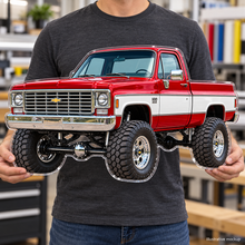 Person holding a Crimson Red & White 1975 Chevy K10 contour-cut acrylic sign, illustrative scale mockup