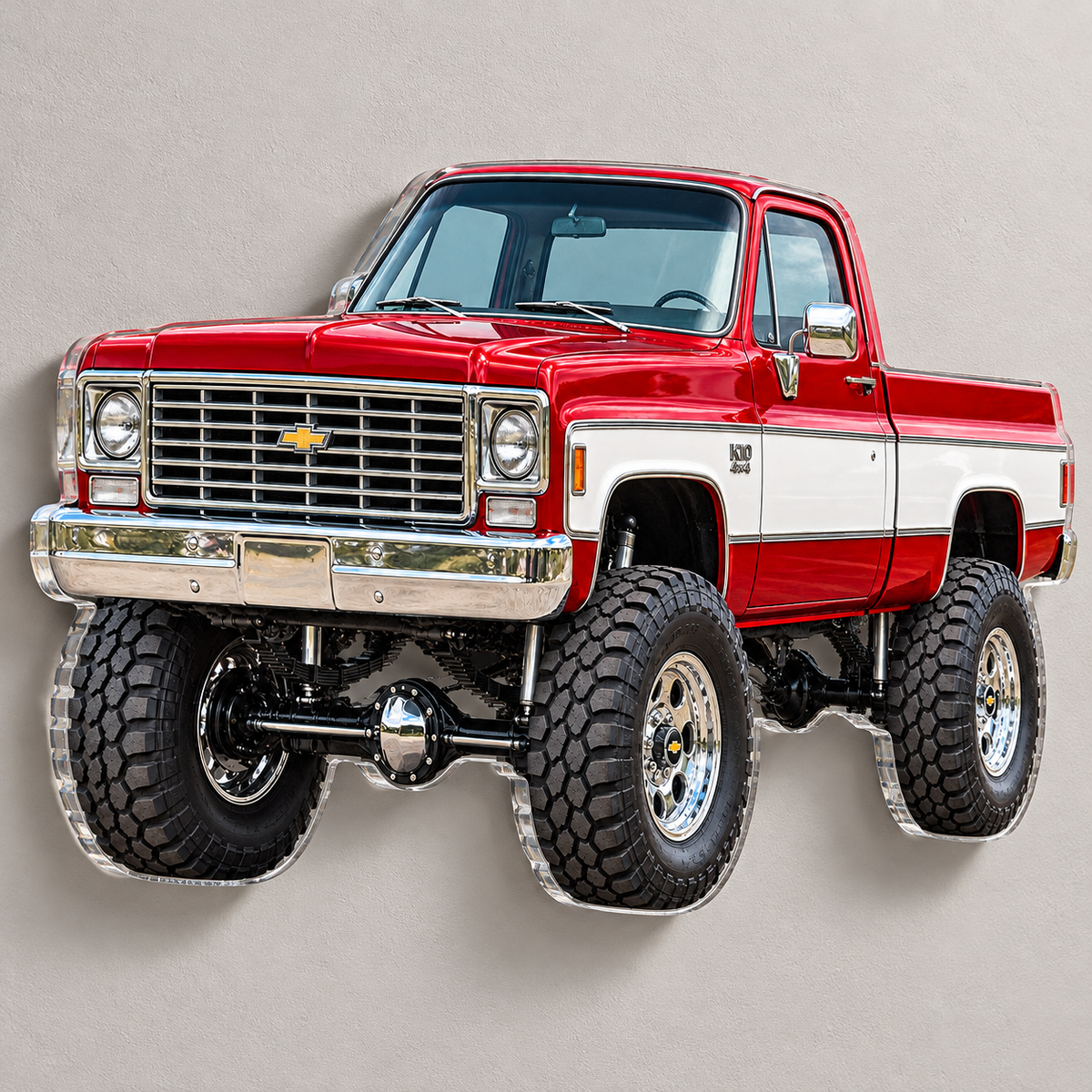 Angled wall view of 1975 Chevy K10 contour-cut acrylic sign showing clear edge and floating shadow