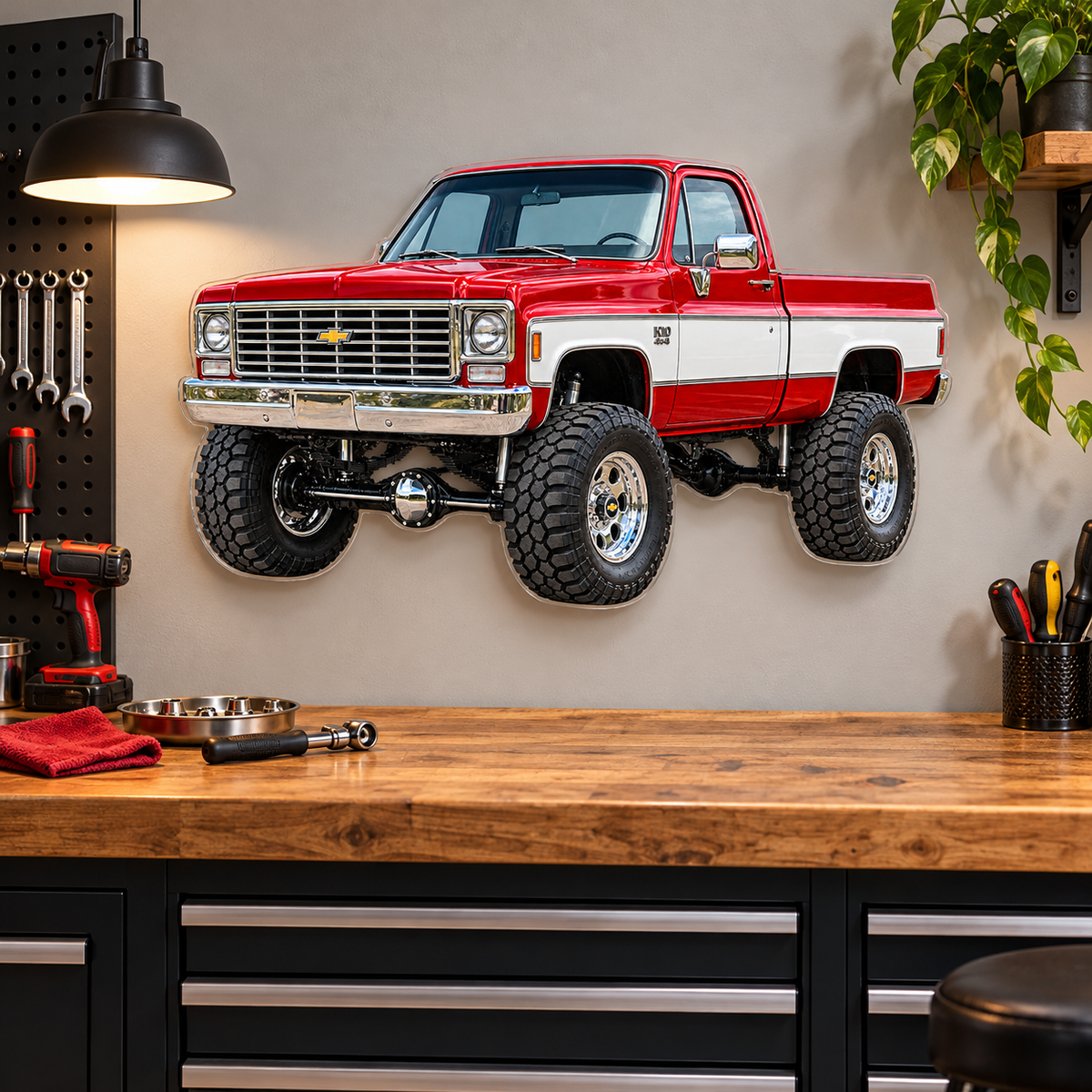 1975 Chevy K10 red and white contour-cut acrylic sign mounted above a garage workbench with hidden standoffs
