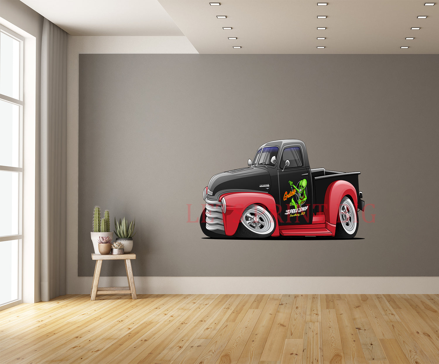 1949 Chevy Truck Hot Rod Cartoon Car Art Wall Decal mockup