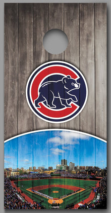 Chicago Cubs Skyline Ball Field on Wood Design Cornhole Decal Wraps