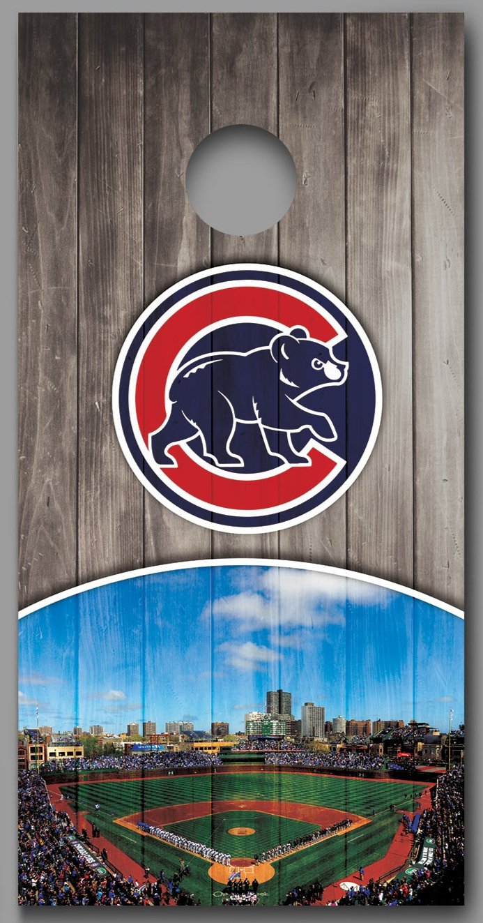 Chicago Cubs Skyline Ball Field on Wood Design Cornhole Decal Wraps