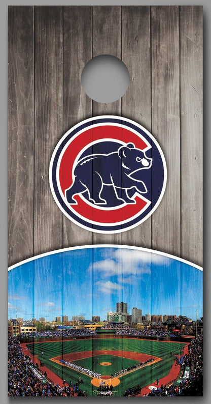 Chicago Cubs Skyline Ball Field on Wood Design Cornhole Decal Wraps