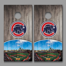 Chicago Cubs Skyline Ball Field on Wood Design Cornhole Decal Wraps