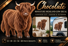 Chocolate miniature Highland cow decal summary — 12 to 48 inch heights