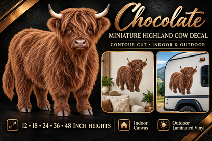 Chocolate miniature Highland cow decal summary — 12 to 48 inch heights