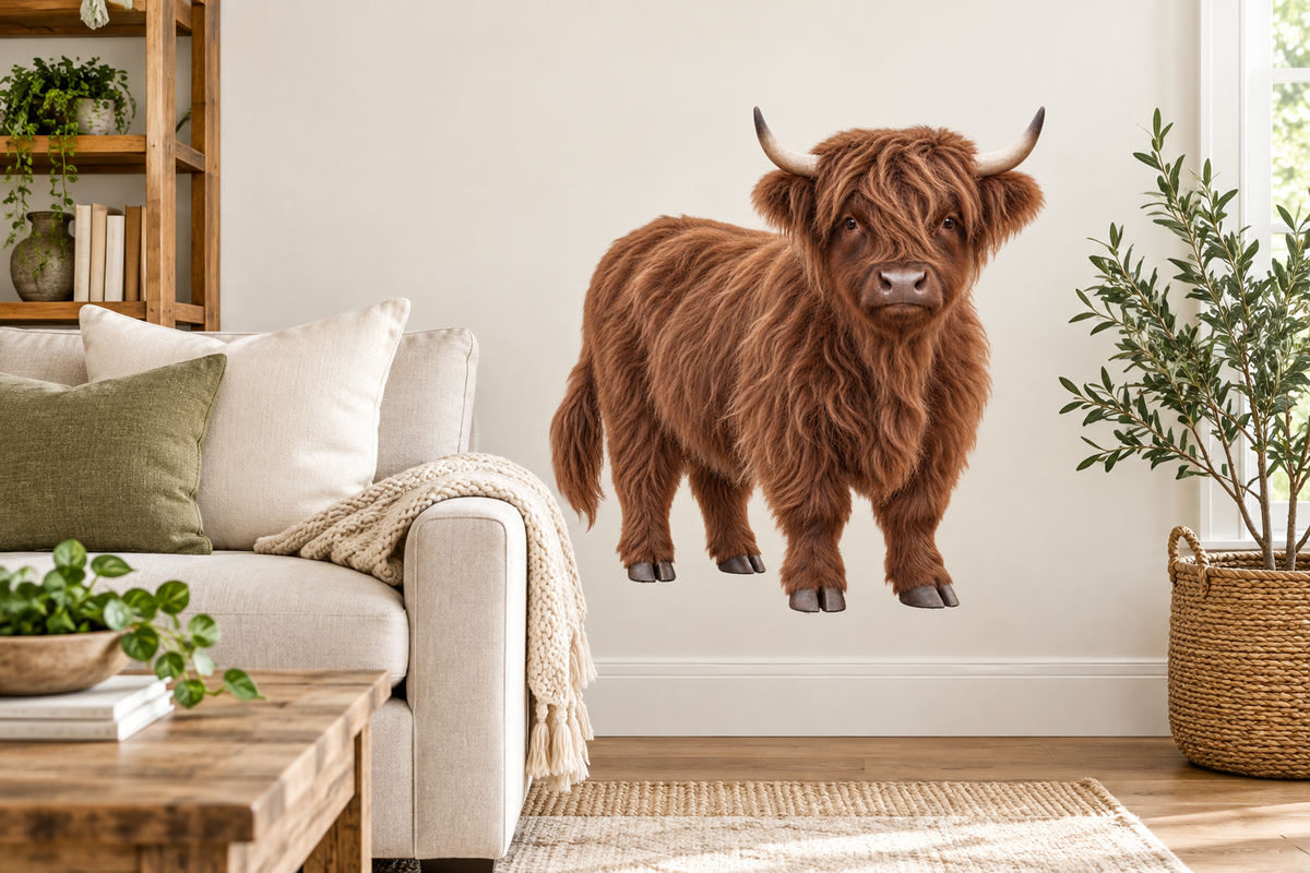 Chocolate miniature Highland cow decal farmhouse wall mockup