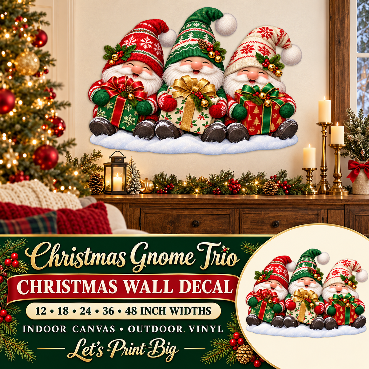 Christmas Gnome Trio summary – 12 to 48 inch widths