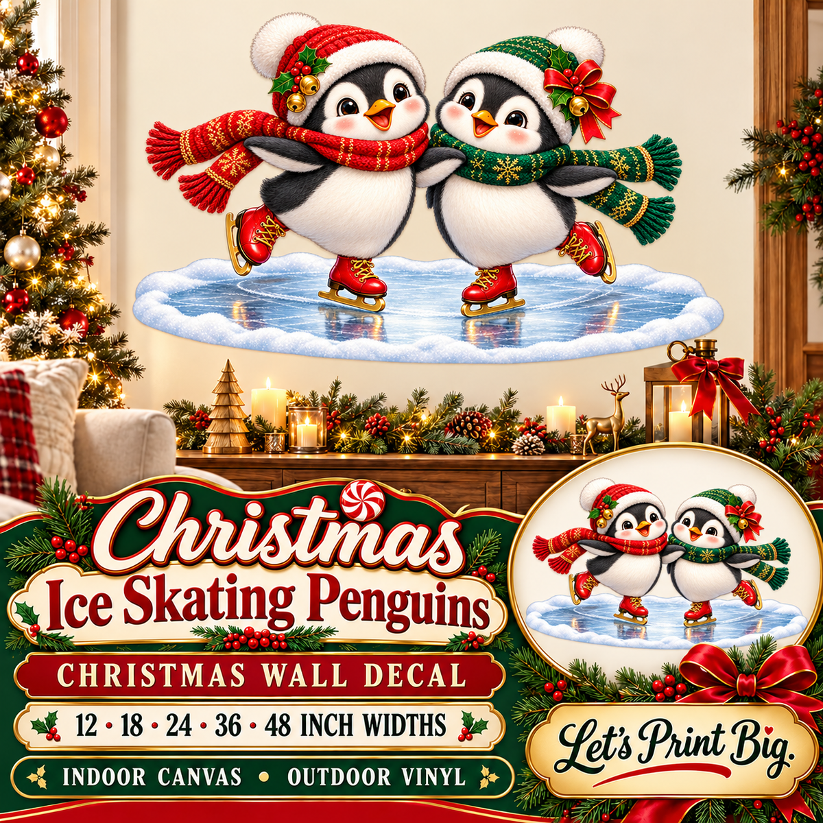 Christmas Ice Skating Penguins summary – 12 to 48 inch widths