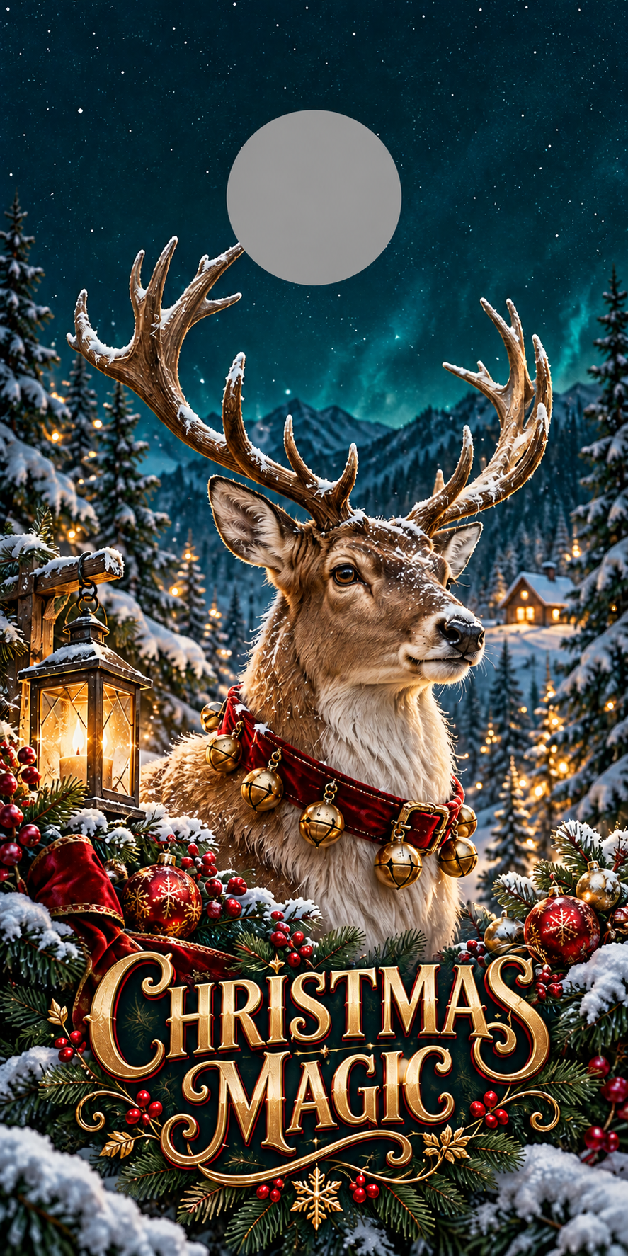 Christmas Magic Winter Reindeer Cornhole Board Wraps gray hole placement preview