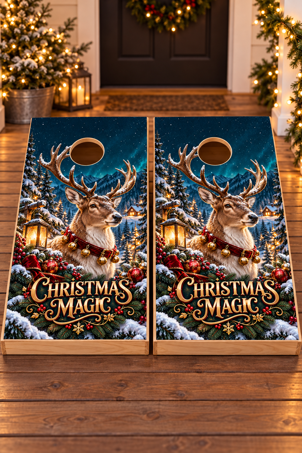 Christmas Magic Winter Reindeer Cornhole Board Wraps board pair mockup