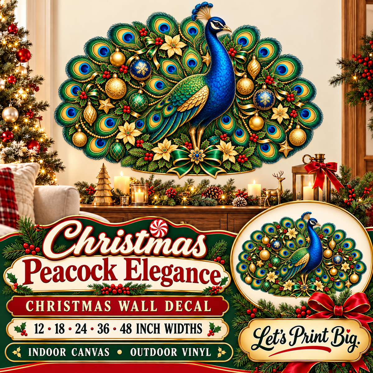 Christmas Peacock Elegance summary – 12 to 48 inch widths