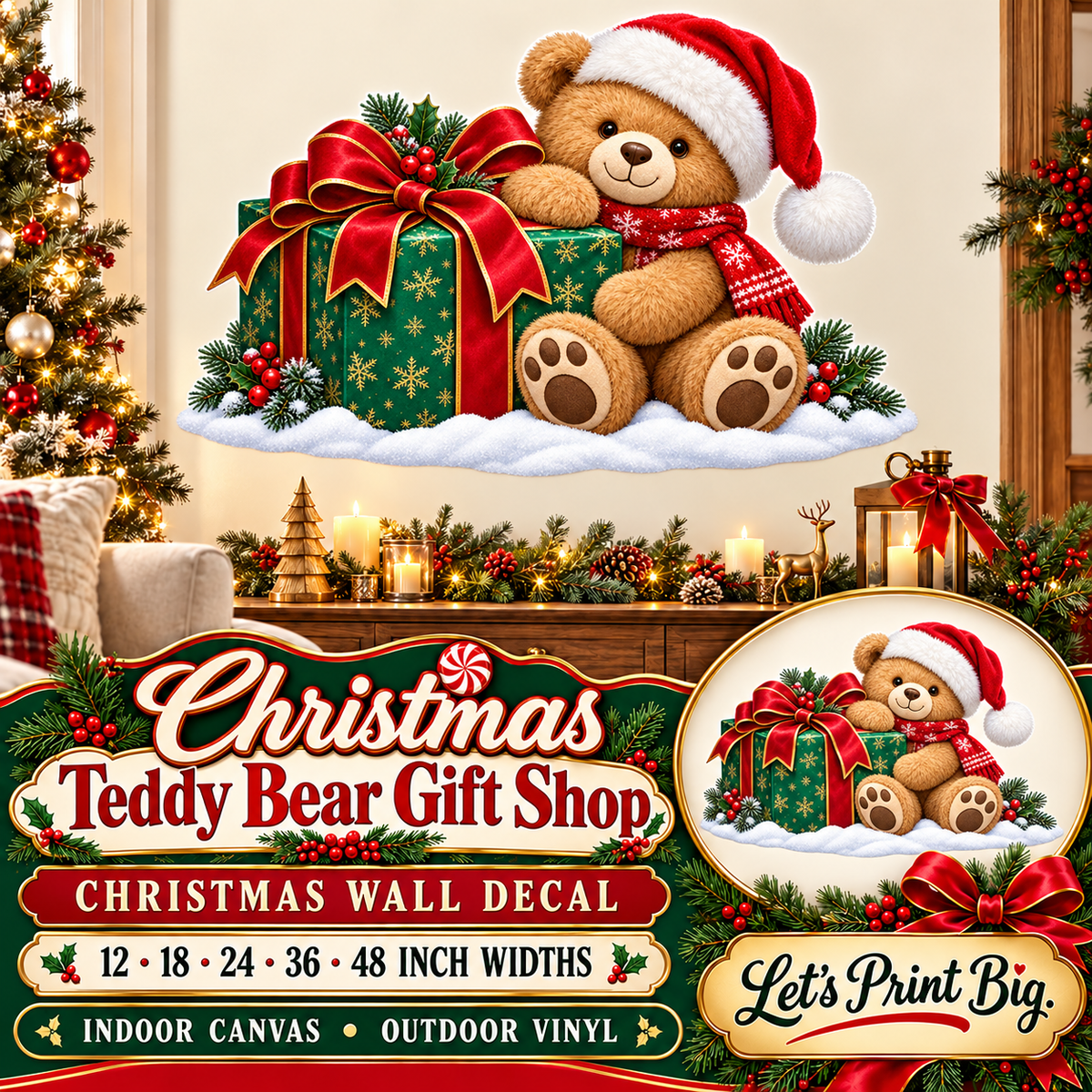 Christmas Teddy Bear Gift Shop summary – 12 to 48 inch widths