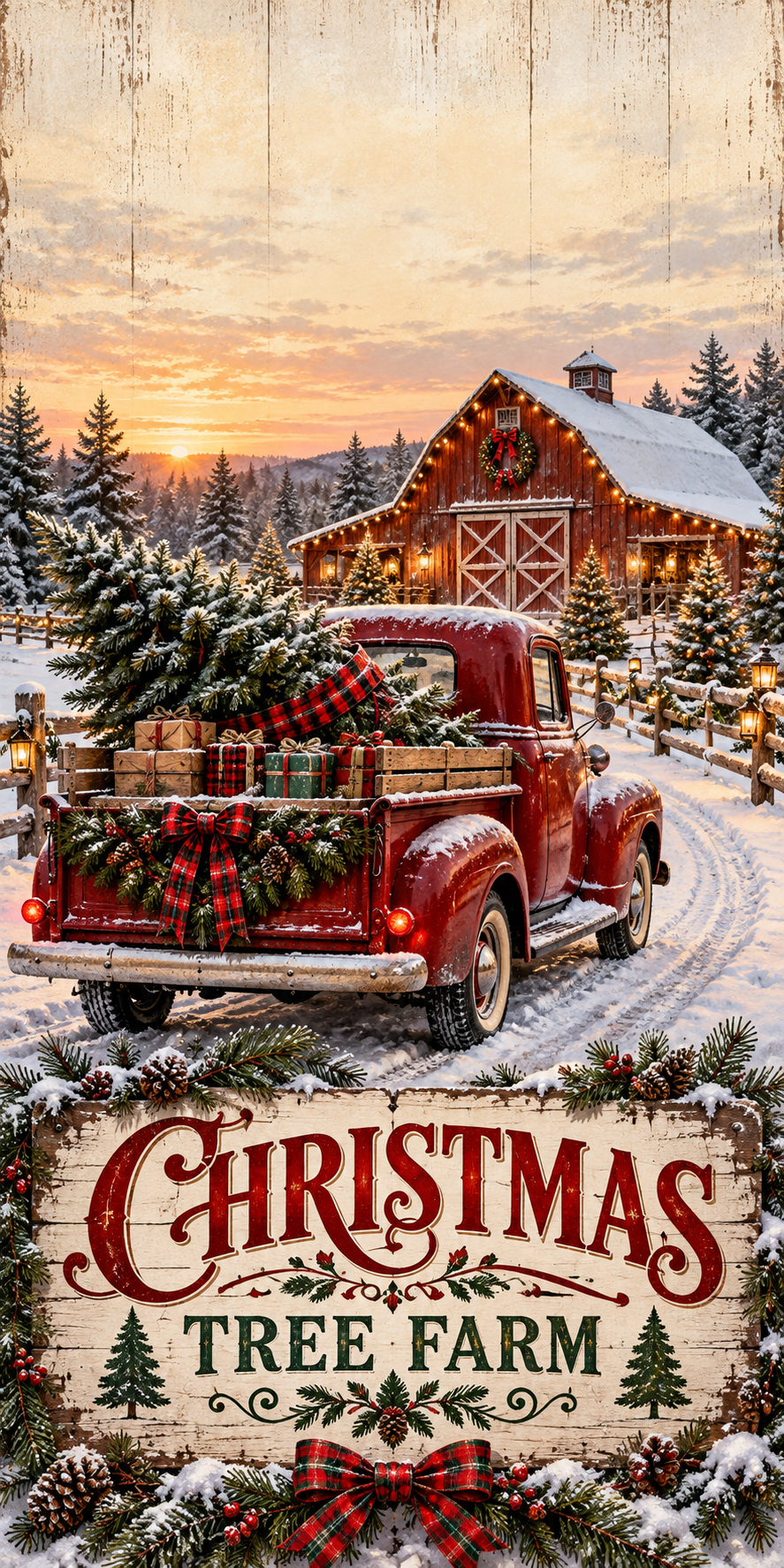 Christmas Tree Farm Red Truck Cornhole Board Wraps artwork without hole