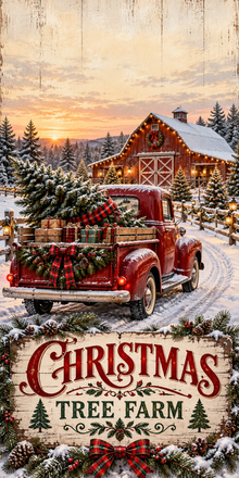 Christmas Tree Farm Red Truck Cornhole Board Wraps artwork without hole