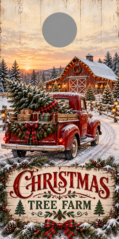 Christmas Tree Farm Red Truck Cornhole Board Wraps gray hole placement preview