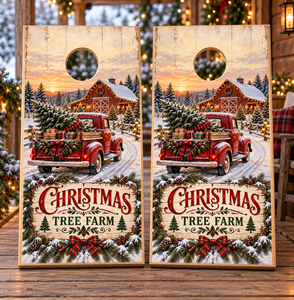 Christmas Tree Farm Red Truck Cornhole Board Wraps matching pair of board mockups