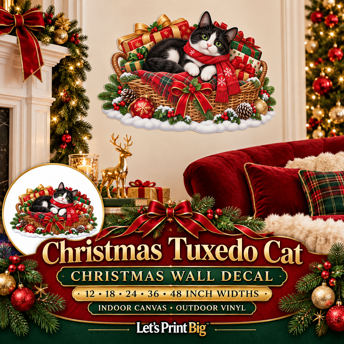 Christmas Tuxedo Cat summary – 12 to 48 inch widths