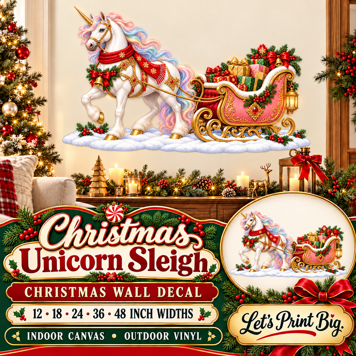 Christmas Unicorn Sleigh summary – 12 to 48 inch widths